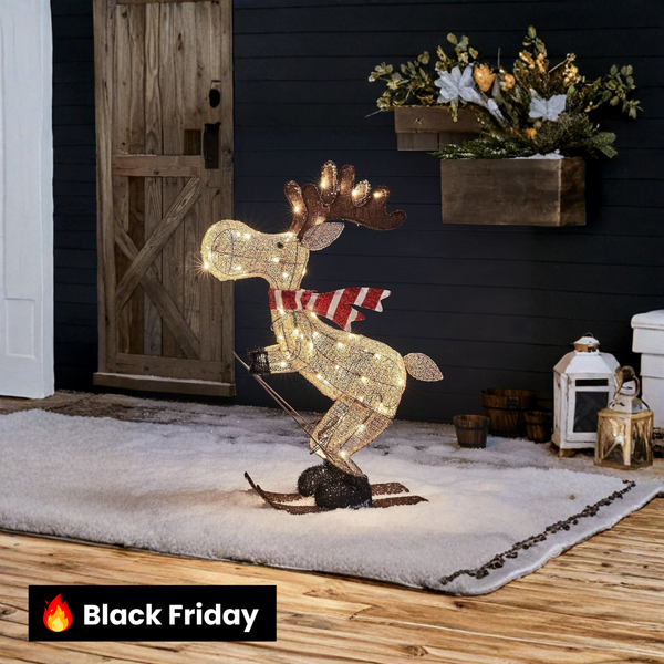 Alce Esquiador Iluminado com 50 LEDs Branco Quente – 86 cm